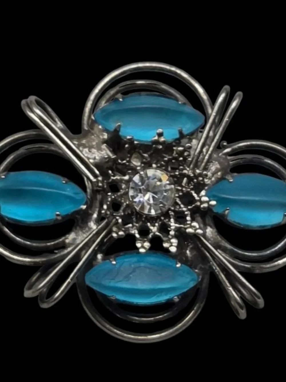 Vintage Frosted Blue Marquise Glass Brooch Wire Wrap Central Rhinestone1980s